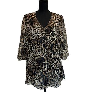 LAURA Petites Leopard animal print chiffon sheer transparent beaded blouse Sz XL